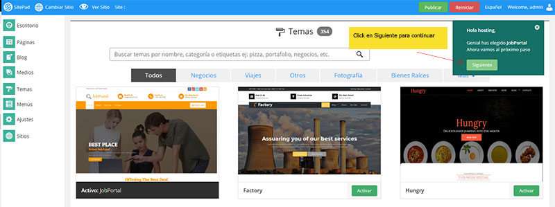 crear pagina web avtido el tema continuar
