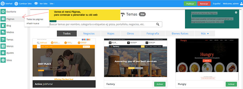 click en paginas para crear pagina web